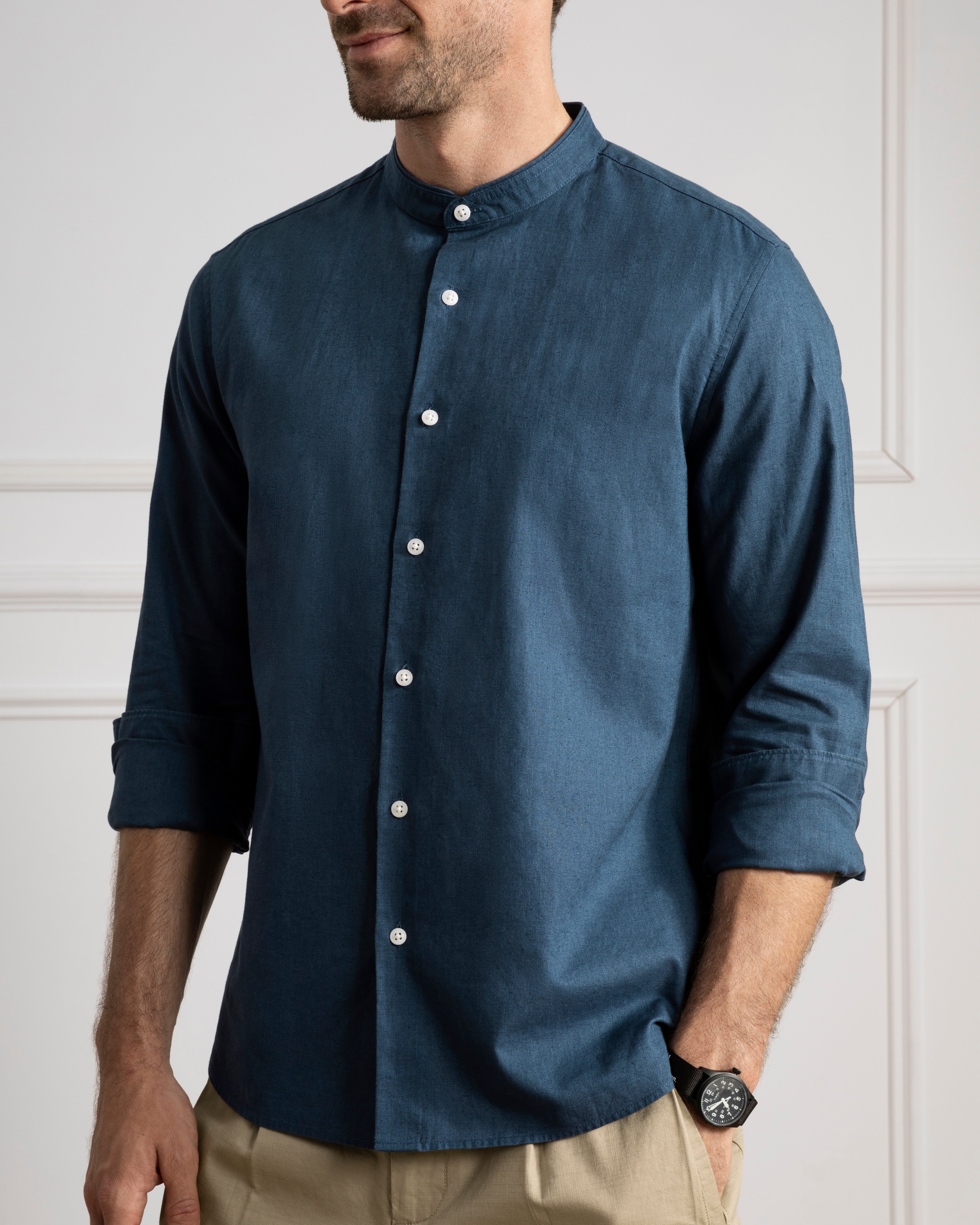 Dk Denim Aleks Linen Cotton Shirt Band Collar Linen Dress Shirt 