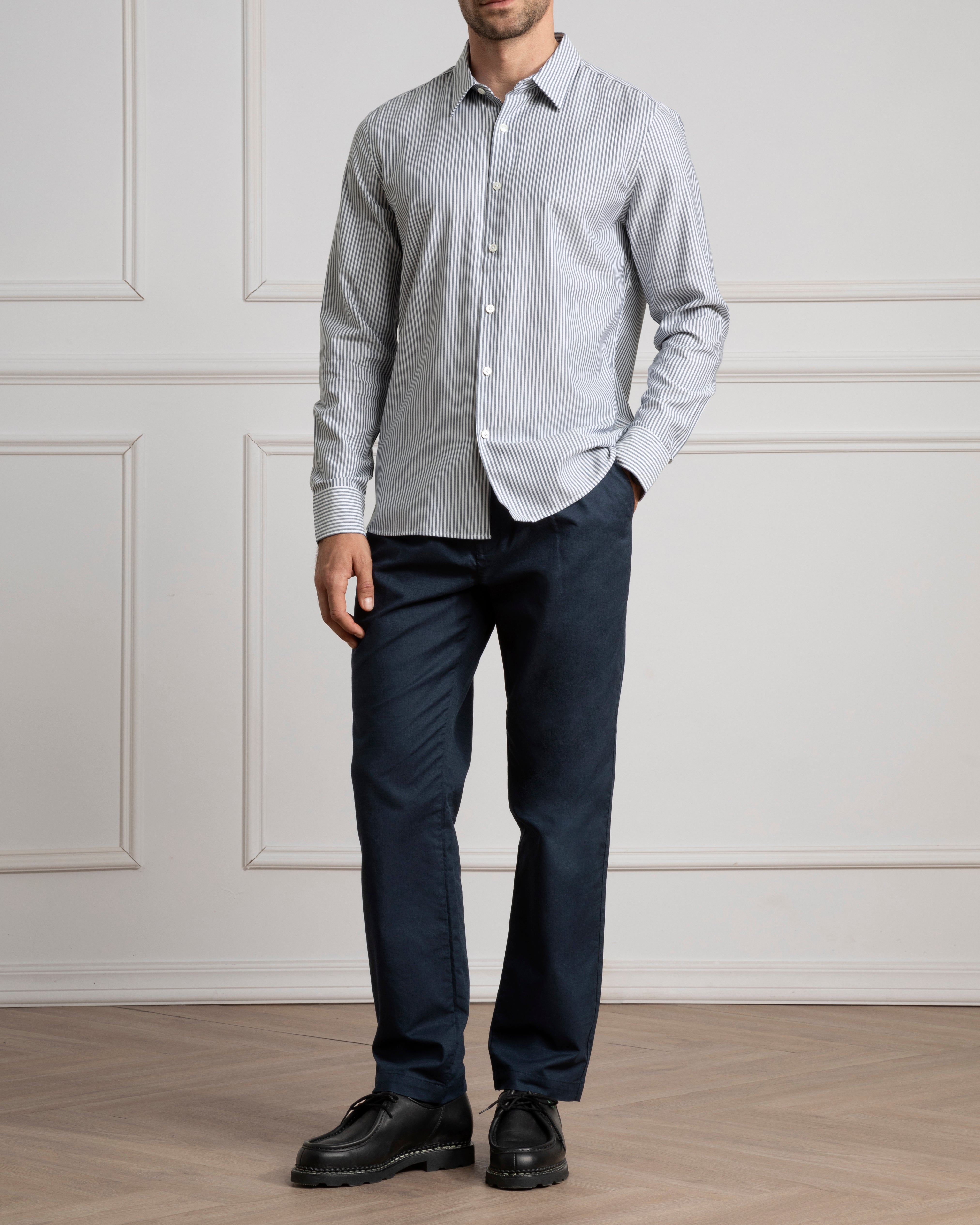 Navy/White Stripe Arik Bengal Shirt Mens Striped Dress Shirt Mens Button Up Point Collar Shirt Blue Stripe