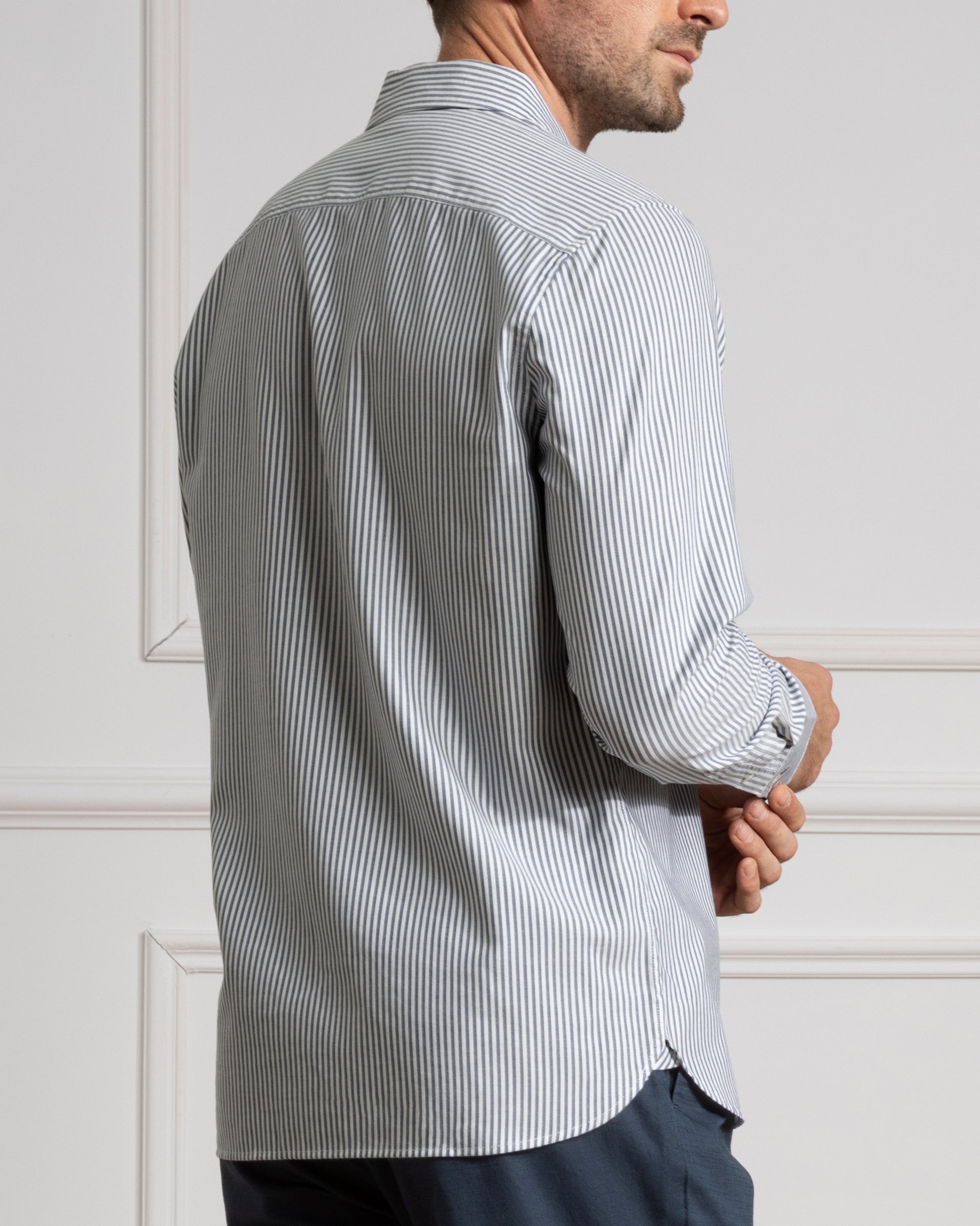 Navy/White Stripe Arik Bengal Shirt Mens Striped Dress Shirt Mens Button Up Point Collar Shirt Blue Stripe