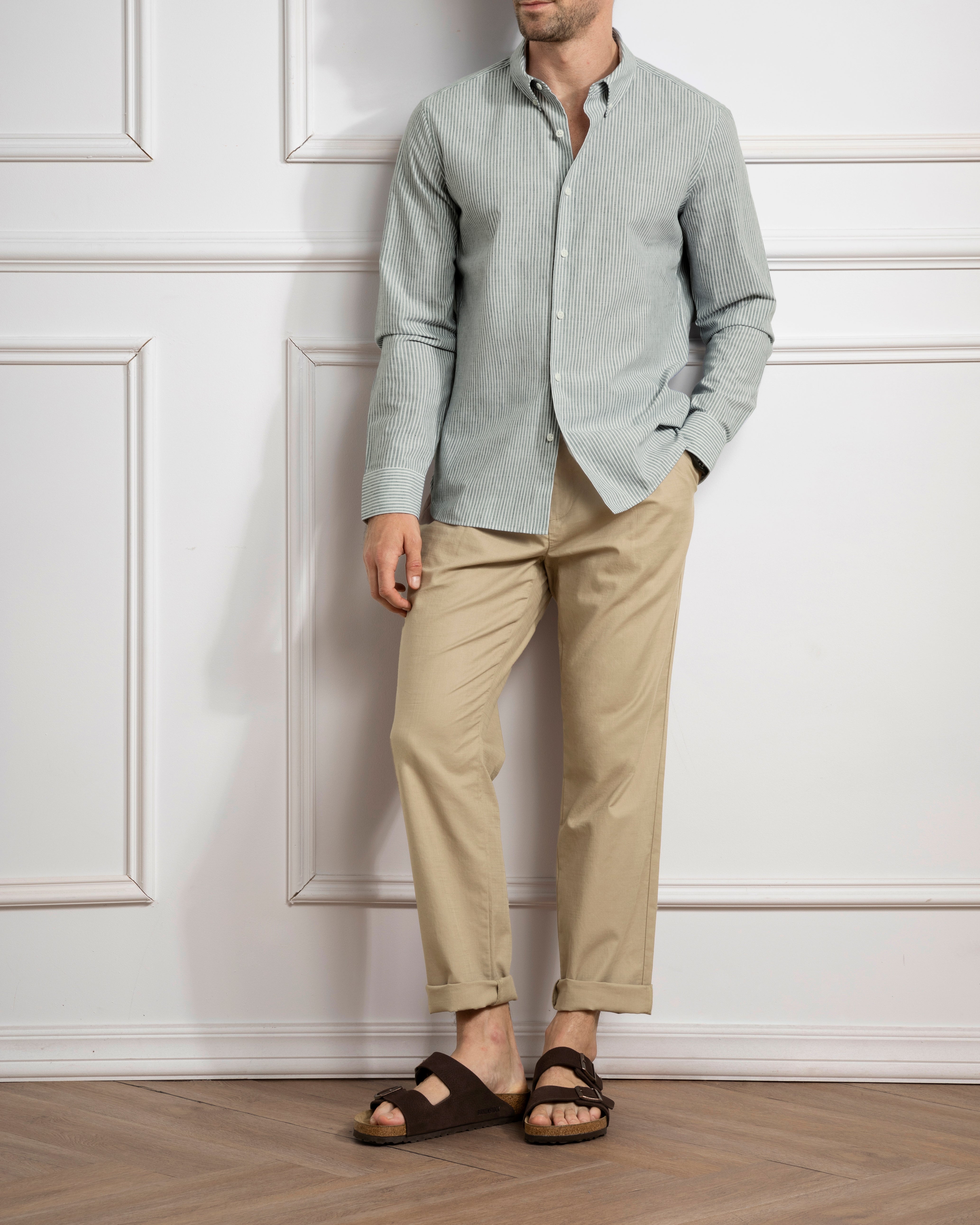 Lead/White Stripe Fulton Stripe Shirt Mens Long Sleeve Casual Dress Shirt Button Down Shirt Button Down Collar Cotton Linen Blend Shirt 