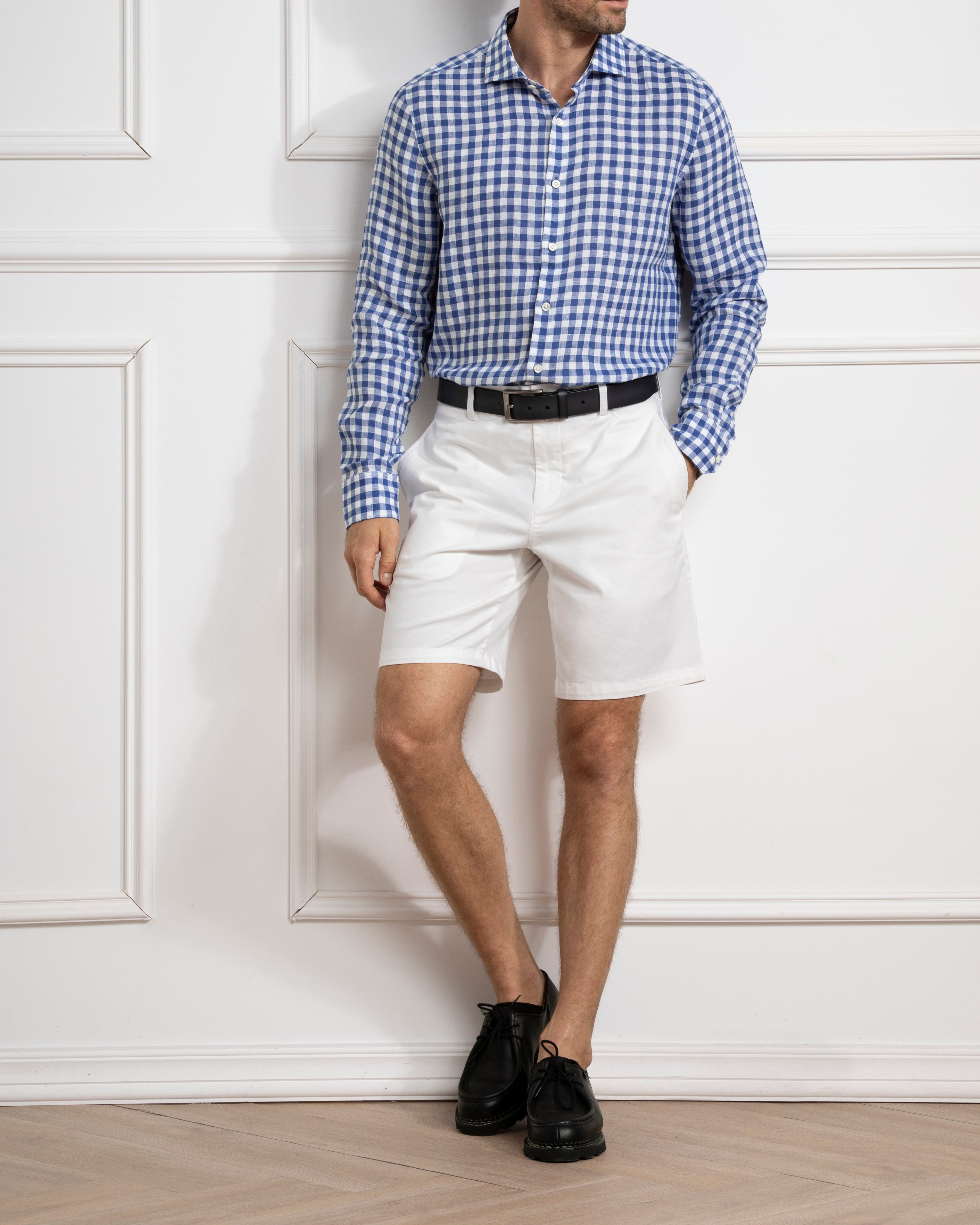 Mid Blue Check Arthur Gingham Shirt Mens Spread Collar Check Dress Shirt Mens Button Up Shirt 