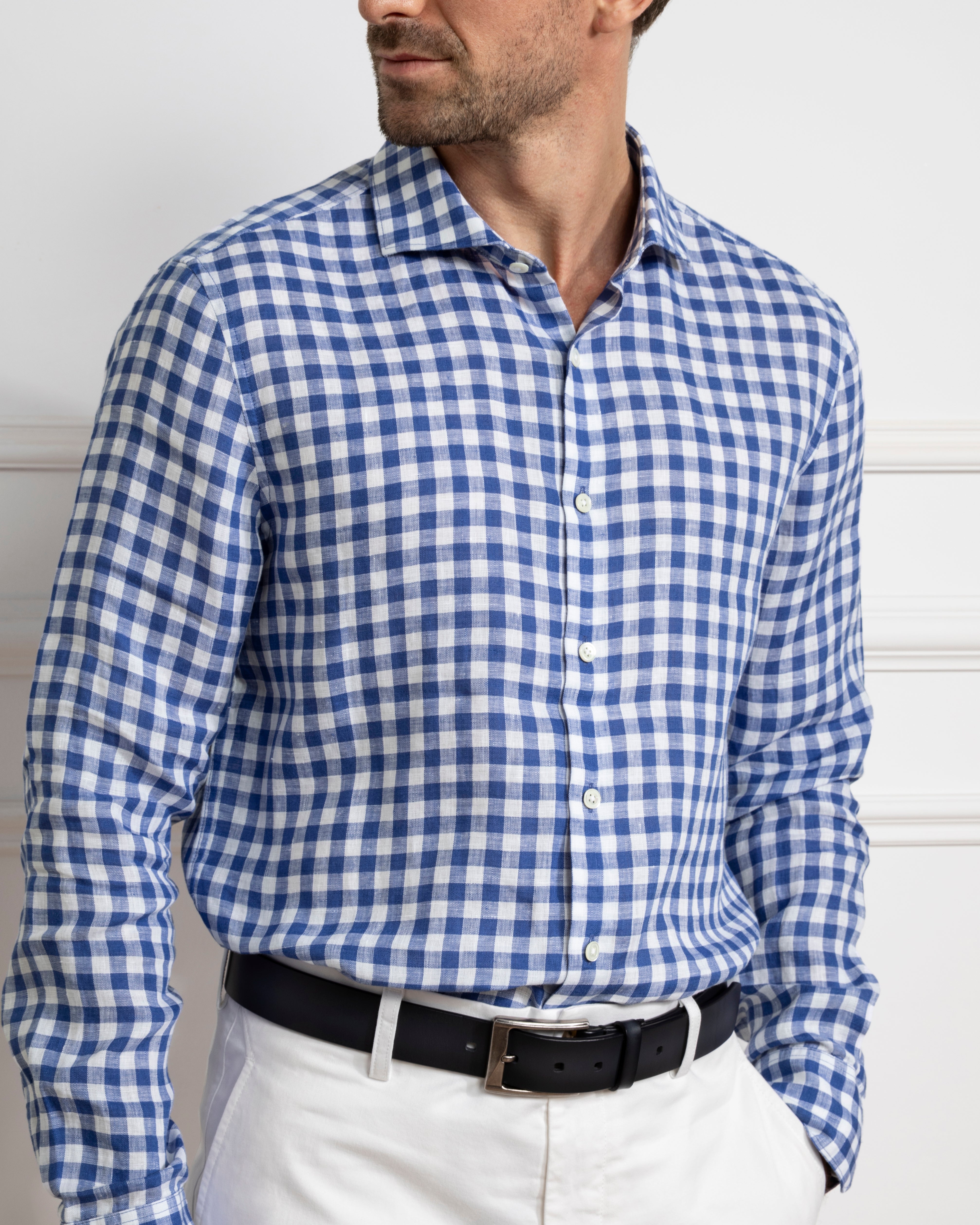 Mid Blue Check Arthur Gingham Shirt Mens Spread Collar Check Dress Shirt Mens Button Up Shirt 