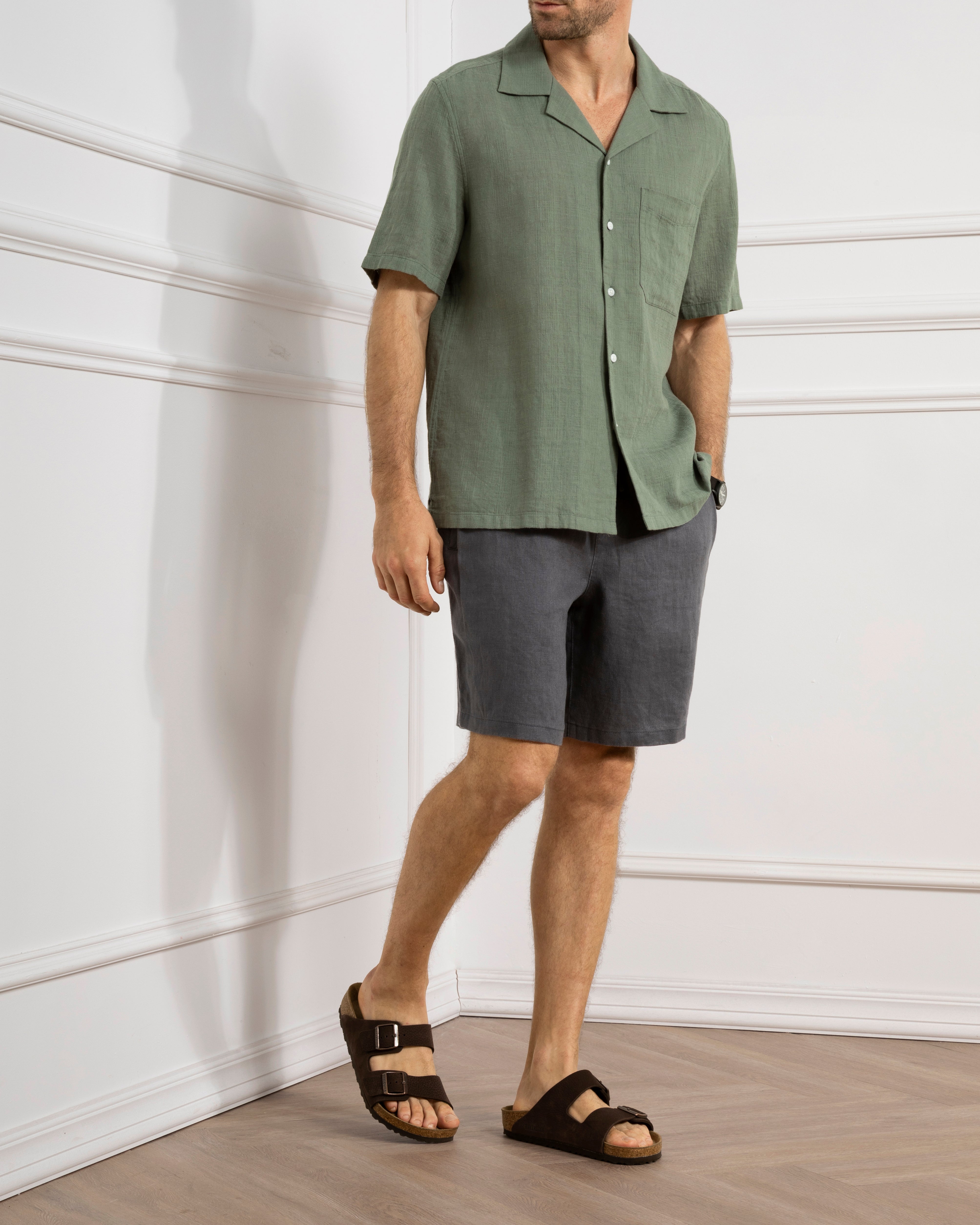 Tea Rockaway Linen Cotton Shirt Mens Camp Collar Linen Shirt Chest Pocket Short Sleeve Tee