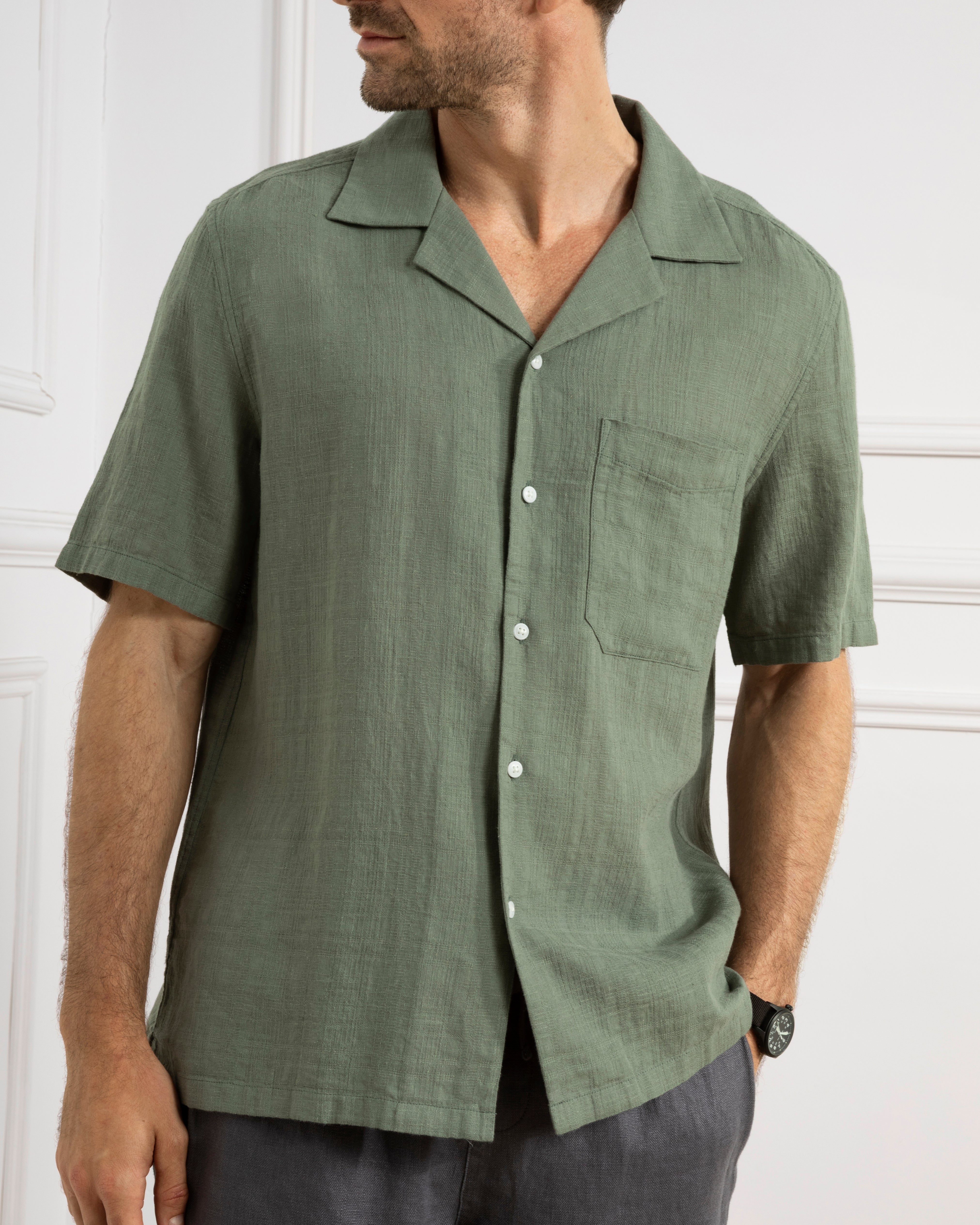 Tea Rockaway Linen Cotton Shirt Mens Camp Collar Linen Shirt Chest Pocket Short Sleeve Tee