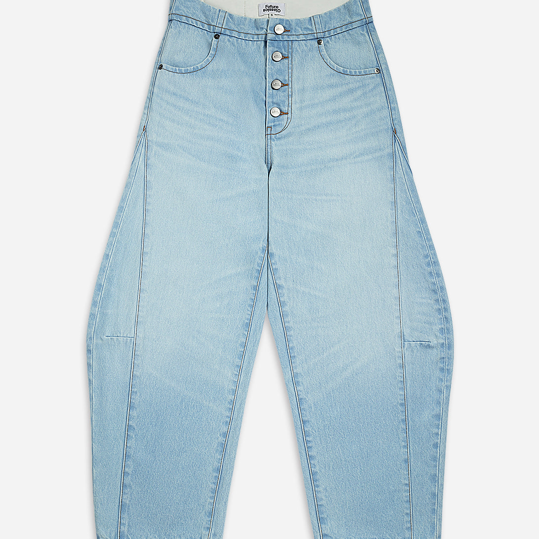 Lt Indigo Bleached 3D Barrel Jeans Womens Bleached Indigo Denim Jeans Womens Wide Leg Denim Relaxed Fit Denim