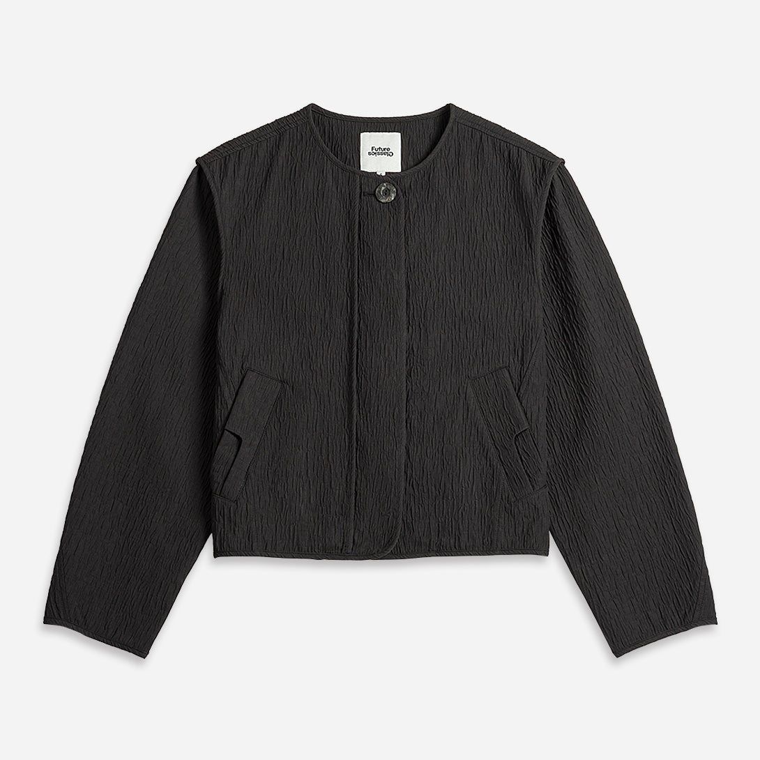 Moonless Night Cocoon Jacquard Jacket Collarless Button Up Jacket Womens Soft Jaquard Outerwear 