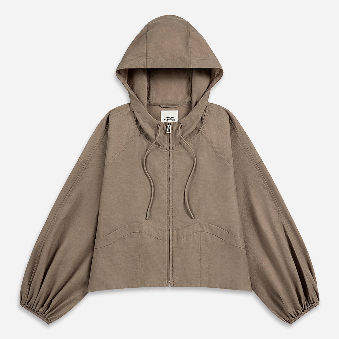 Stone Brown Balloon Sleeve Sheen Jacket Womens Hoodie Womens Zip Up Jacket Womnens Puff Sleeve Drawstring Outerwear
