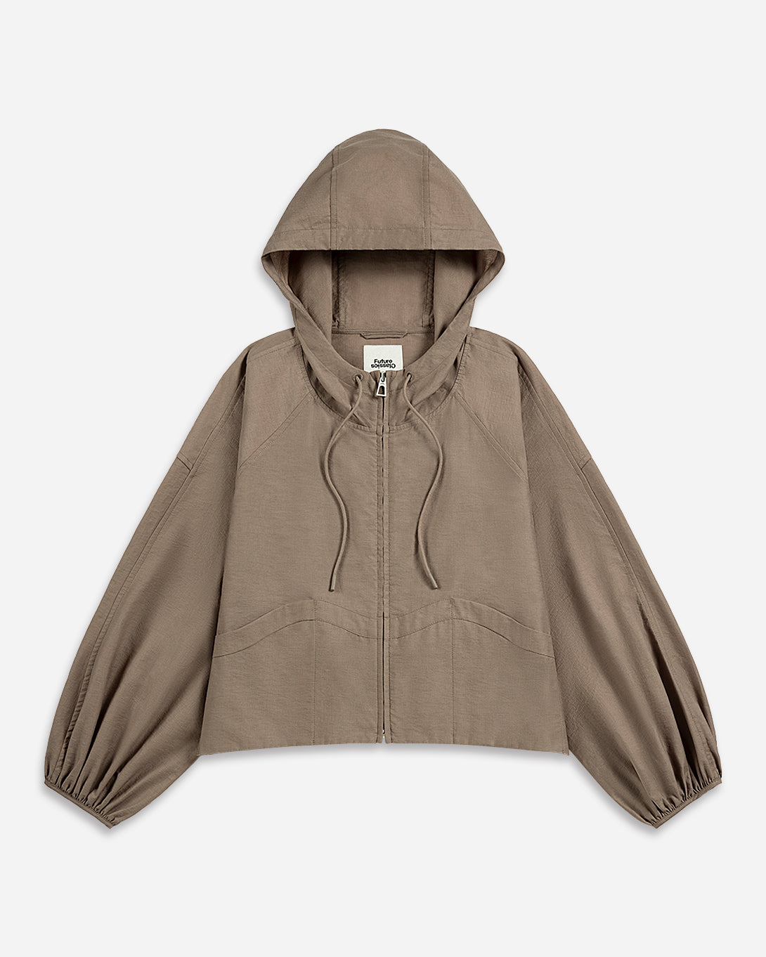 Stone Brown Balloon Sleeve Sheen Jacket Womens Hoodie Womens Zip Up Jacket Womnens Puff Sleeve Drawstring Outerwear