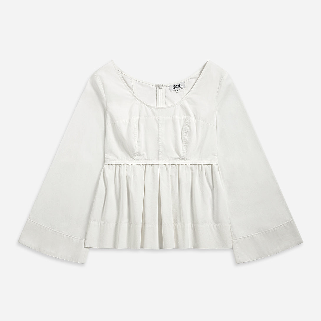 Pure White Bell Sleeve Peplum Top Womens Relaxed Fit Shirt Womens Collarless Woven Long Sleeve Shirt 