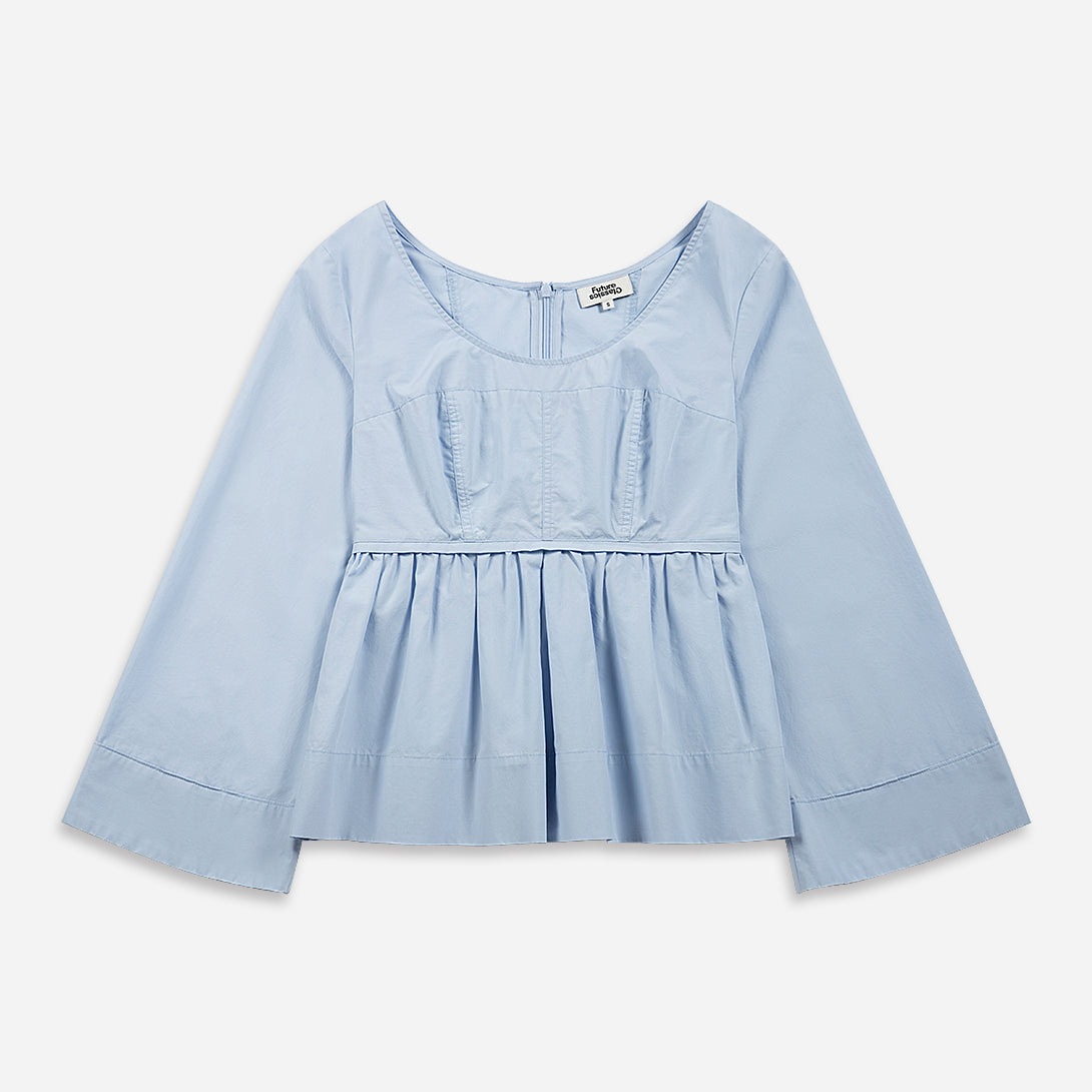 Sea Blue Bell Sleeve Peplum Top Womens Relaxed Fit Shirt Womens Collarless Woven Long Sleeve Shirt 