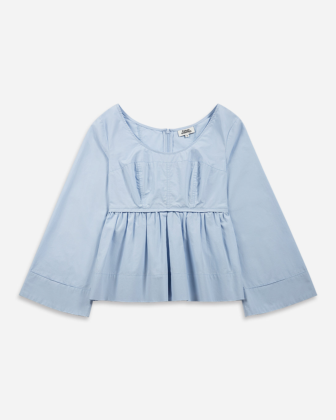 Sea Blue Bell Sleeve Peplum Top Womens Relaxed Fit Shirt Womens Collarless Woven Long Sleeve Shirt 