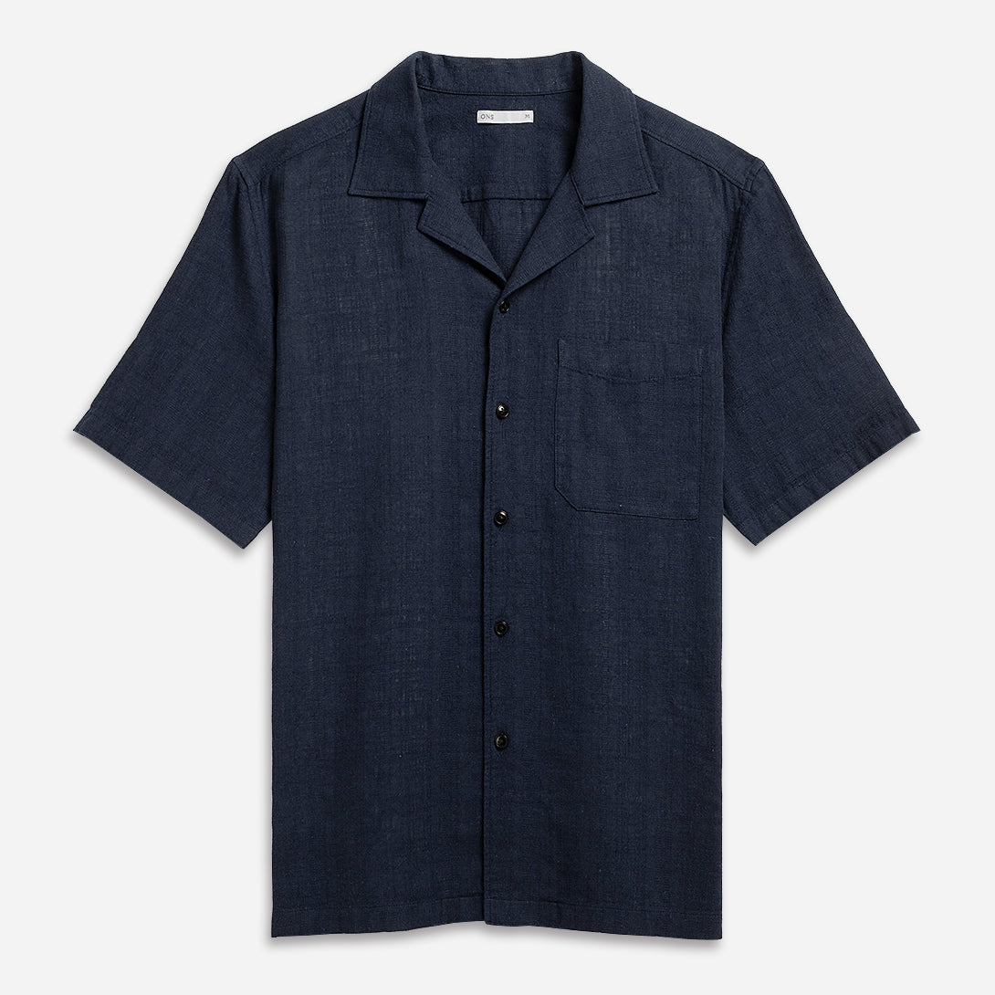 Navy Rockaway Linen Cotton Shirt Mens Camp Collar Linen Shirt Chest Pocket Short Sleeve Tee