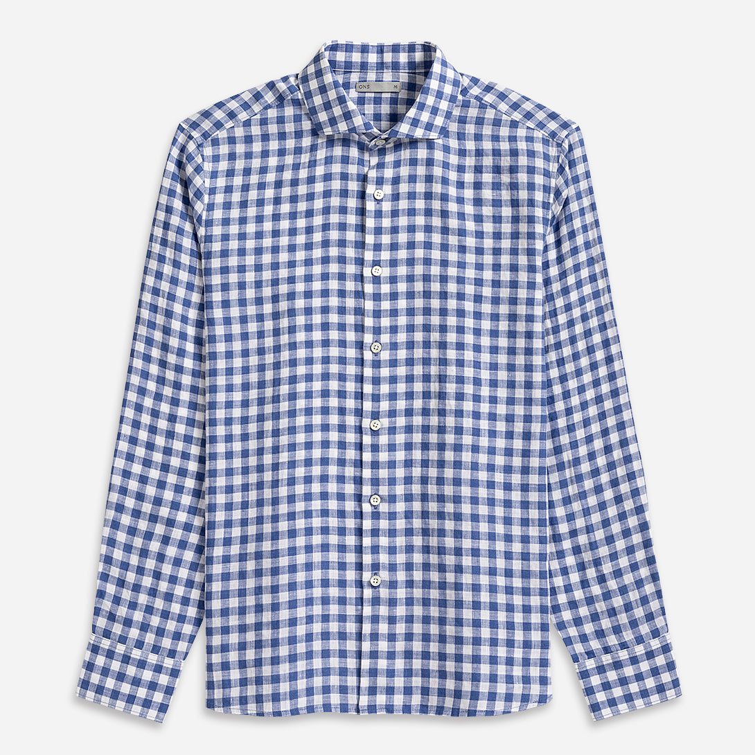 Mid Blue Check Arthur Gingham Shirt Mens Spread Collar Check Dress Shirt Mens Button Up Shirt 