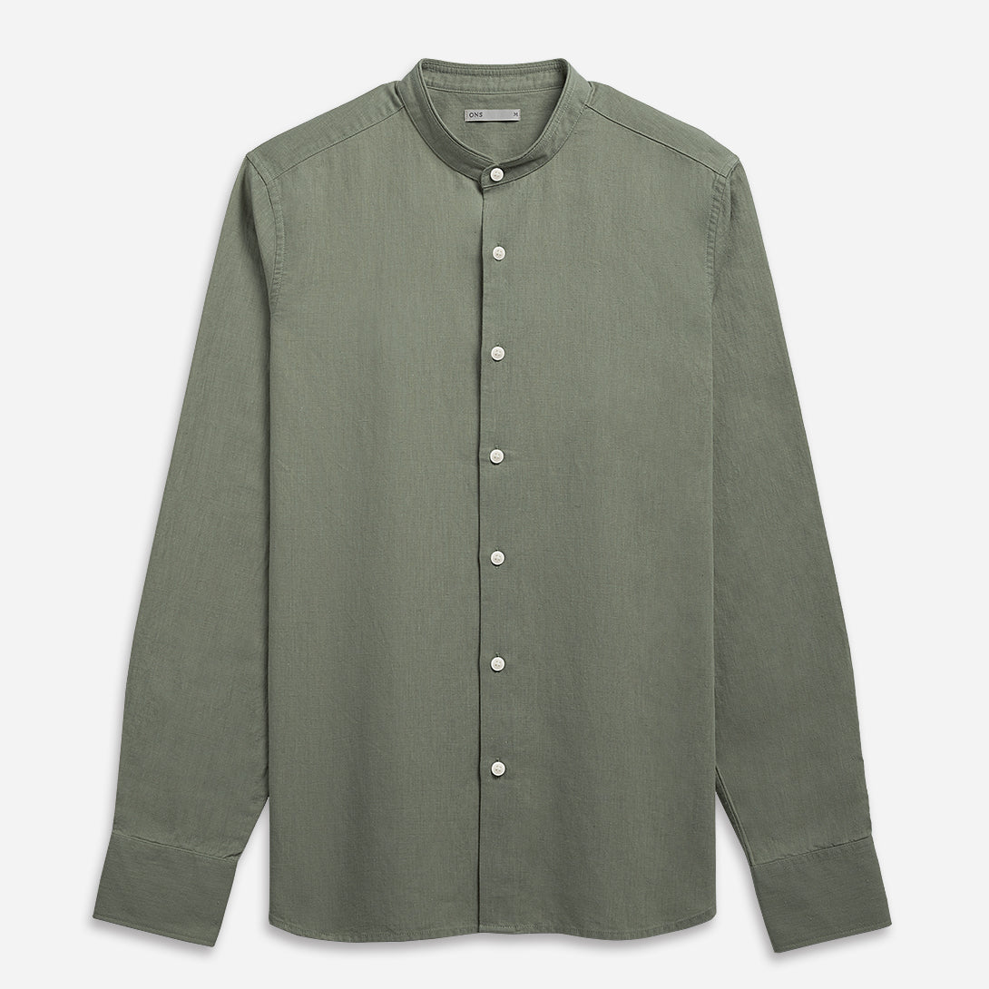 Castor Grey Aleks Linen Cotton Shirt Band Collar Linen Dress Shirt 