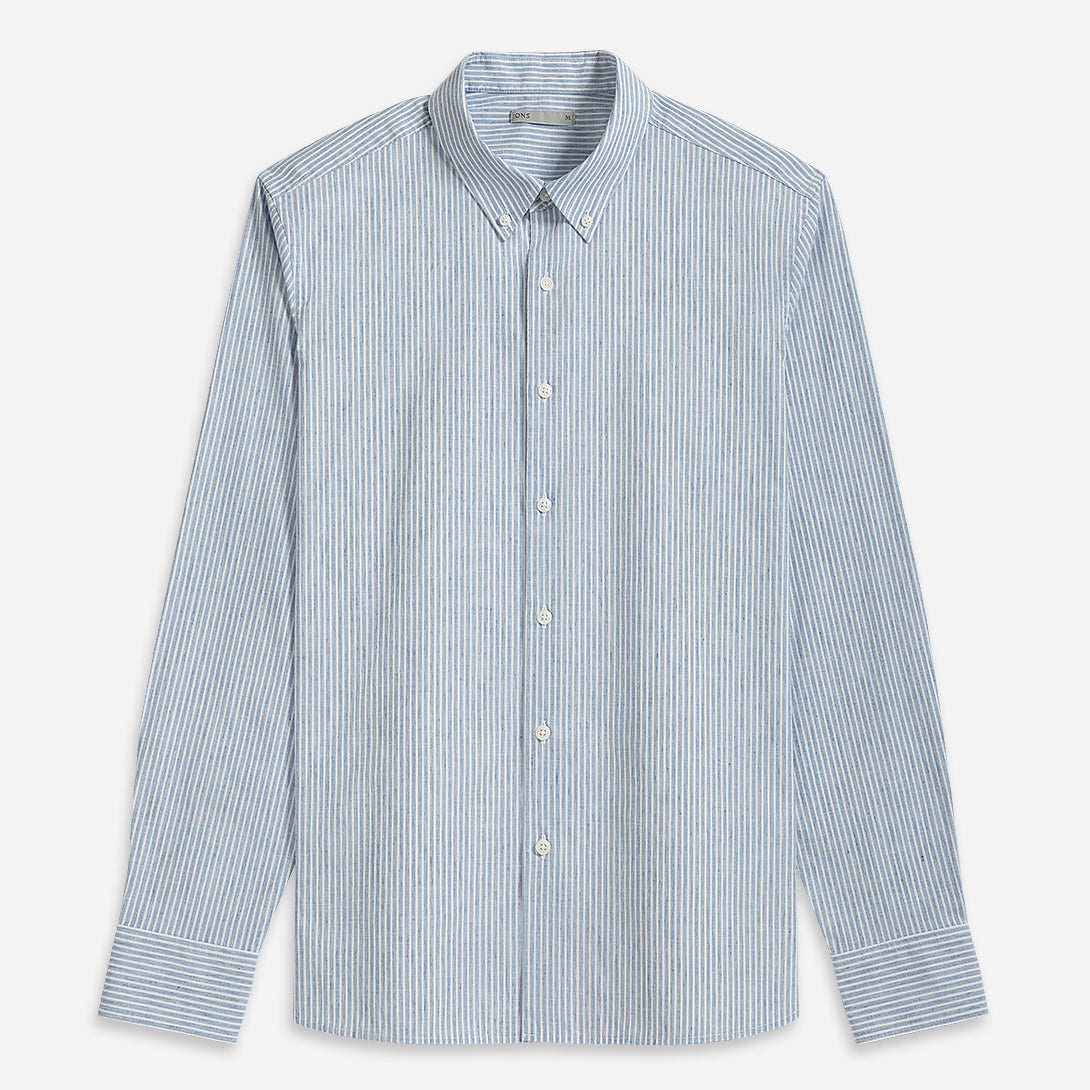 Navy/White Stripe Fulton Stripe Shirt Mens Long Sleeve Casual Dress Shirt Button Down Shirt Button Down Collar Cotton Linen Blend Shirt 
